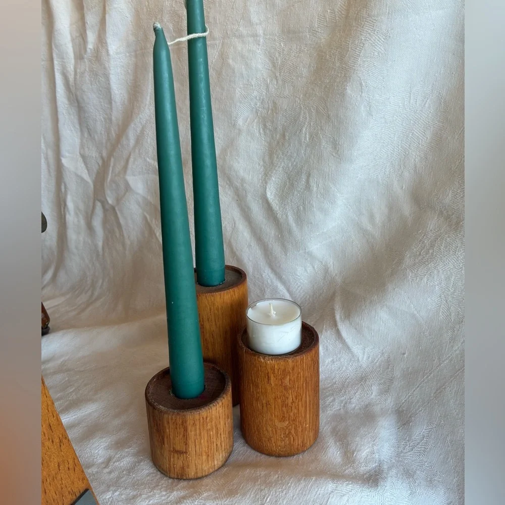 Set Teak Candle Holders Danish Tapers Votives Tea Light Candles all Sizes Fit